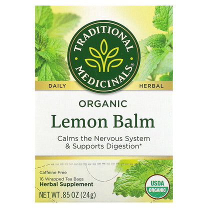 Traditional Medicinals, Organic Lemon Balm, Caffeine Free, 16 Wrapped Tea Bags, 0.85 oz (24 g)