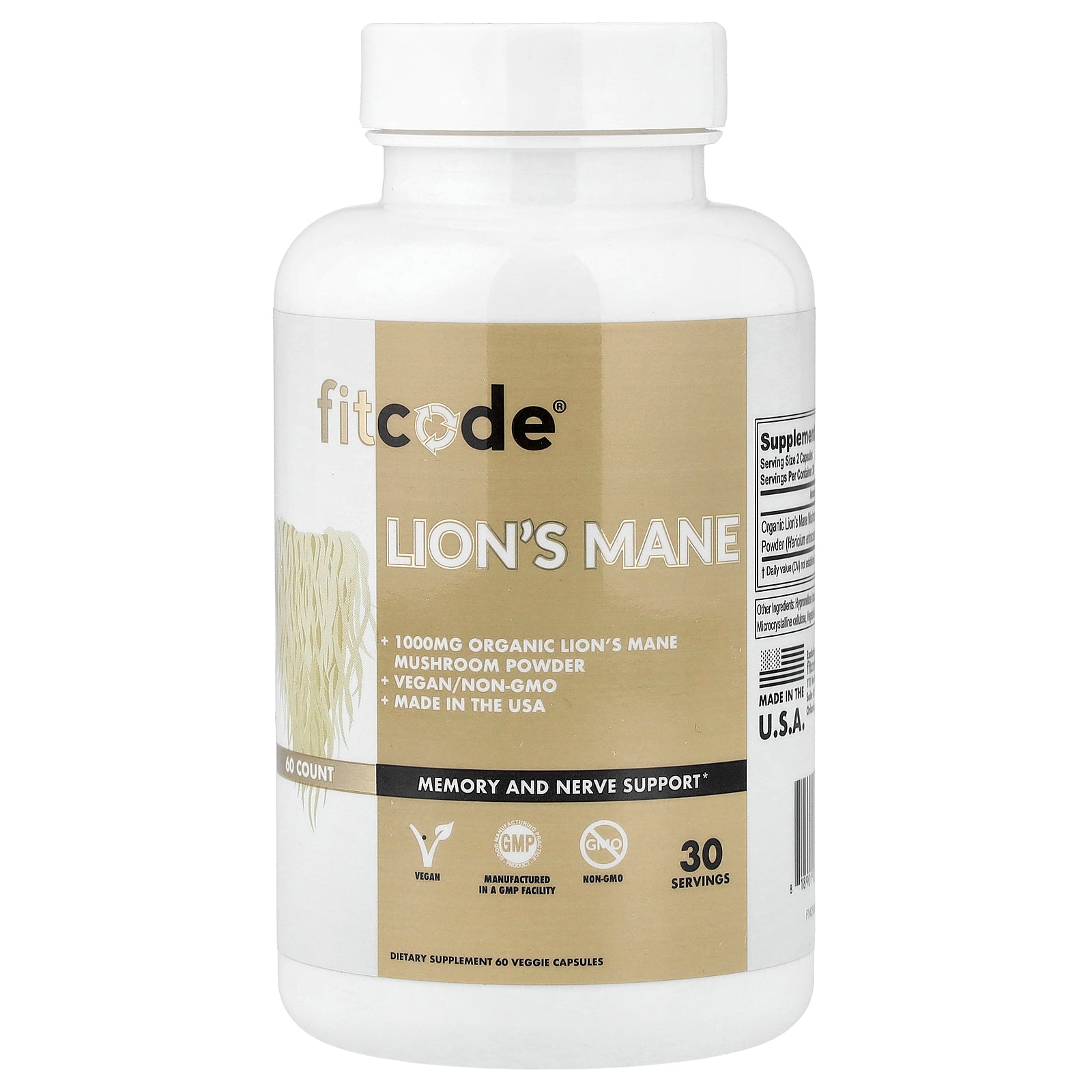 fitcode, Lion's Mane, 60 Veggie Capsules (500 mg per Capsule)