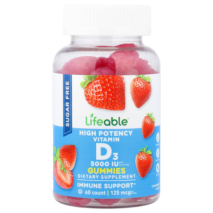 Lifeable, High Potency Vitamin D3 Gummies, Strawberry, 125 mcg (5,000 IU), 60 Gummies