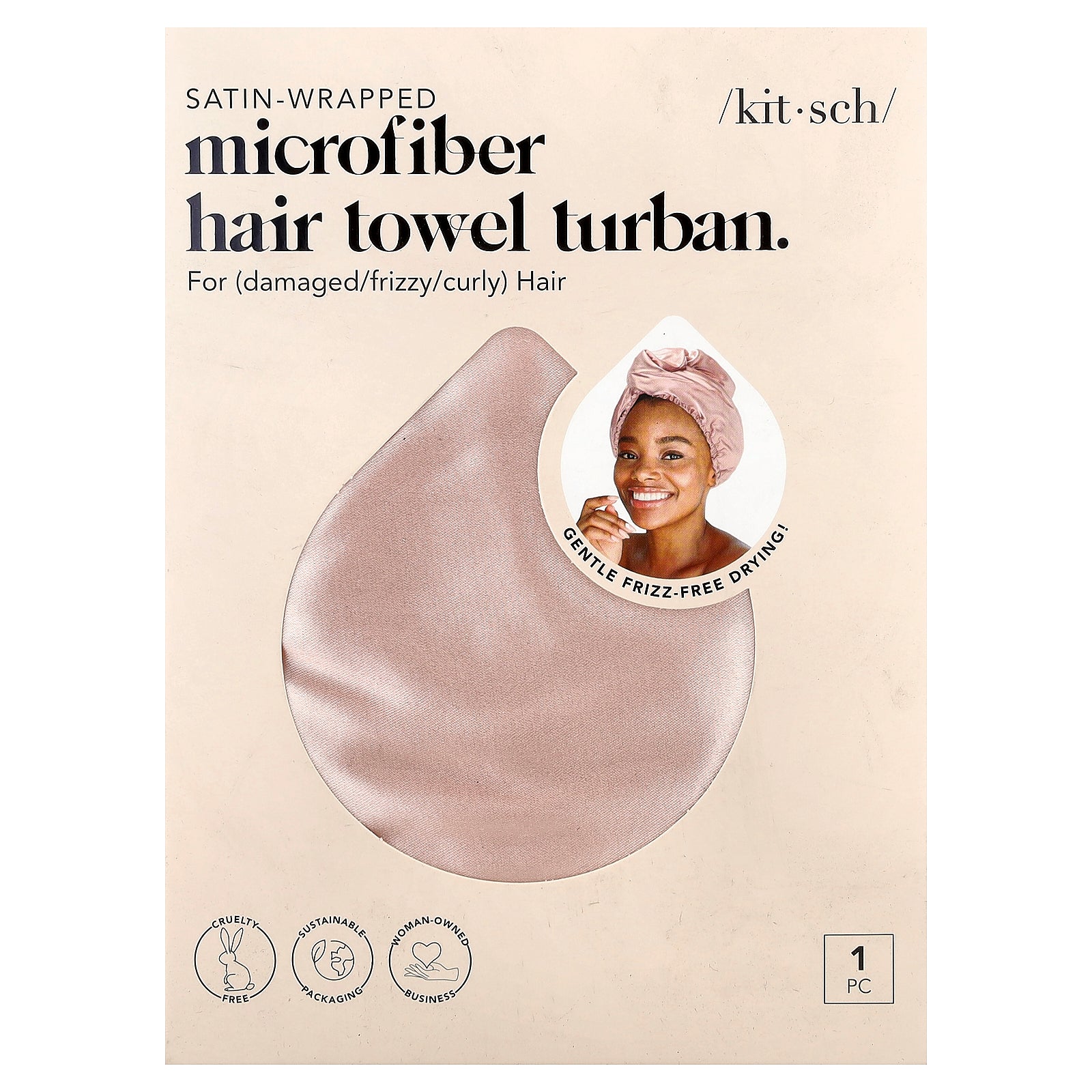 Kitsch, Satin-Wrapped Microfiber Hair Towel Turban, Blush, 1 Towel