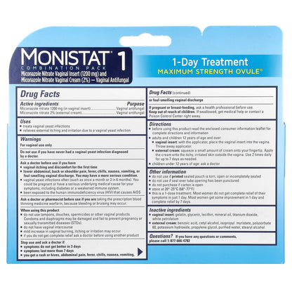 Monistat, 1-Day Treatment Combination Pack, Day or Night Ovule, Maximum Strength, 1 Ovule Insert, 2.6 g + 0.32 oz (9 g) Tube