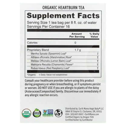 Earth Mama, Organics, Organic Heartburn Tea, Comforting Mellow Mint, Caffeine Free, 16 Tea Bags, 0.96 oz (27.2 g)