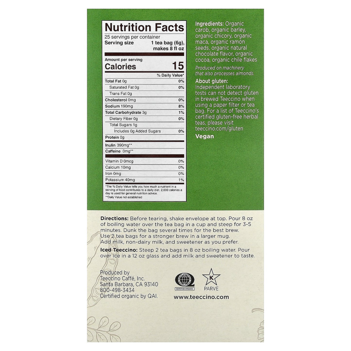 Teeccino, Organic Roasted Herbal Tea, Maca Chocolate, Caffeine Free, 25 Tea Bags, 5.3 oz (150 g)