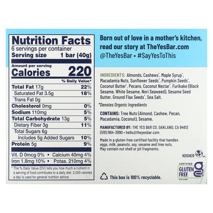 Yes Bar, Snack Bar, Black Sesame Sea Salt, 6 Bars, 1.4 oz (40 g) Each