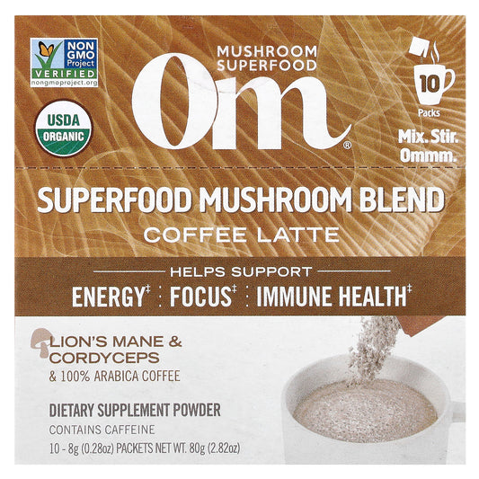 Om Mushrooms, Superfood Mushroom Blend, Coffee Latte, 10 Packets, 0.28 oz (8 g) Each