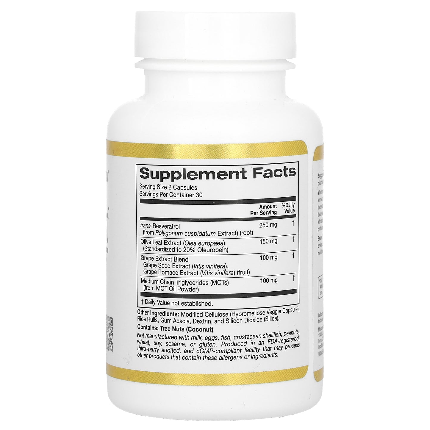 California Gold Nutrition, Longevity Boost with trans-Resveratrol, Olive Leaf Extract, Grape Extract Blend and Medium Chain Triglycerides, 60 Veggie Capsules