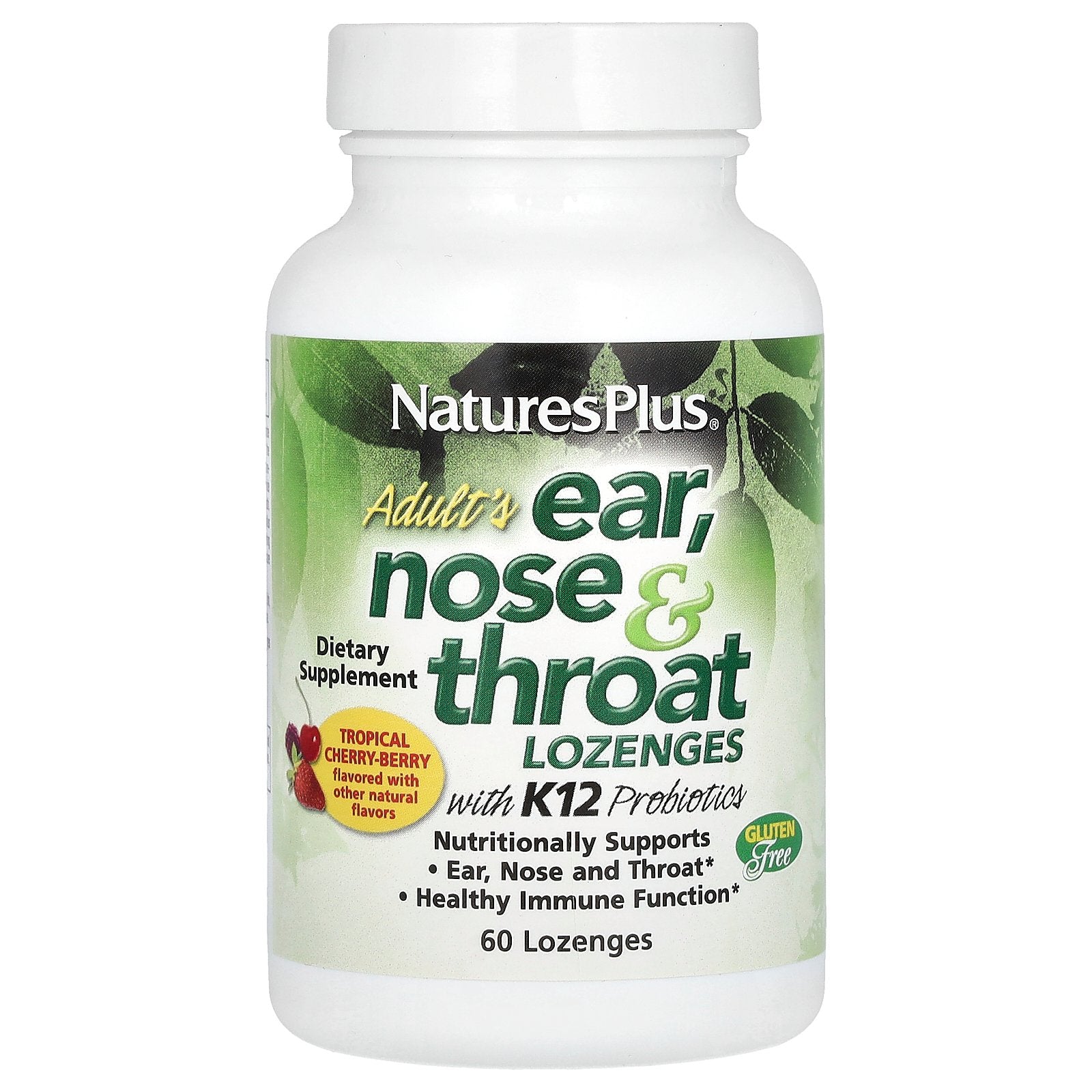 NaturesPlus, Adult's Ear, Nose & Throat Lozenges with K12 Probiotics, Natural Tropical Cherry-Berry, 60 Lozenges