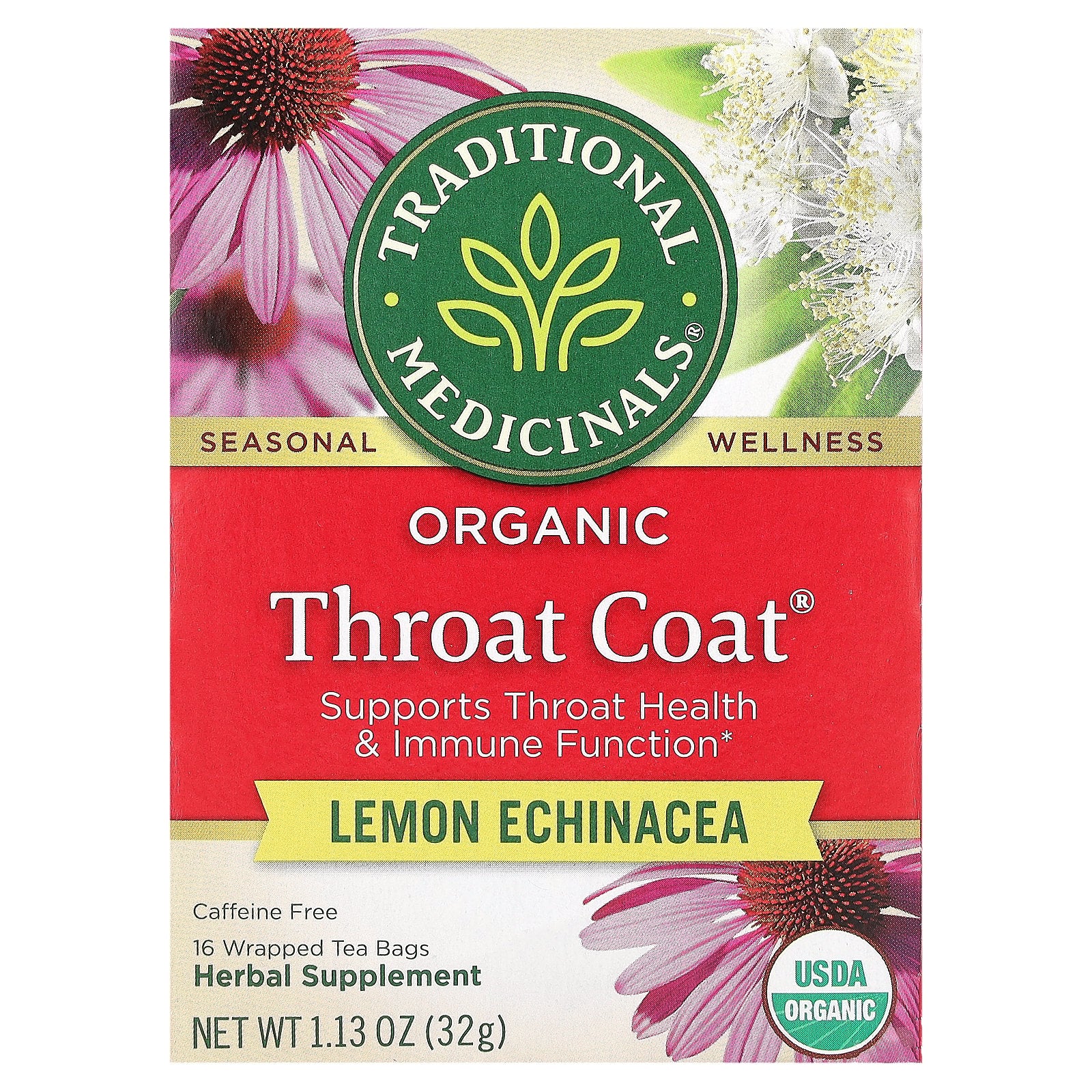 Traditional Medicinals, Organic Throat Coat®, Lemon Echinacea, Caffeine Free, 16 Wrapped Tea Bags, 1.13 oz (32 g)