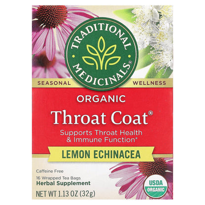 Traditional Medicinals, Organic Throat Coat®, Lemon Echinacea, Caffeine Free, 16 Wrapped Tea Bags, 1.13 oz (32 g)