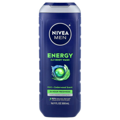Nivea, Men, Energy 3 in 1 Body Wash, Mint & Cedarwood, 16.9 fl oz (500 ml)