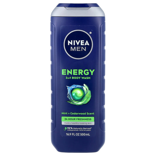 Nivea, Men, Energy 3 in 1 Body Wash, Mint & Cedarwood, 16.9 fl oz (500 ml)