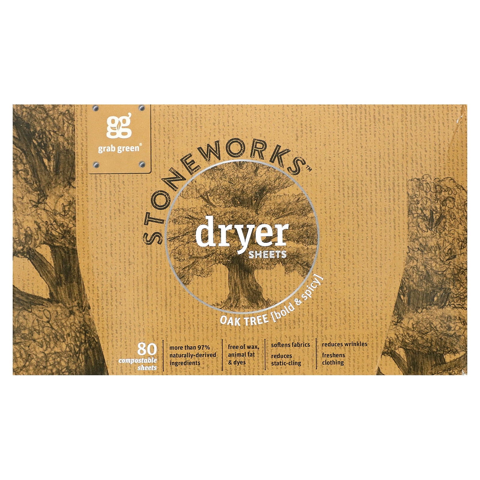 Grab Green, Stoneworks, Dryer Sheets, Oak Tree, 80 Compostable Sheets