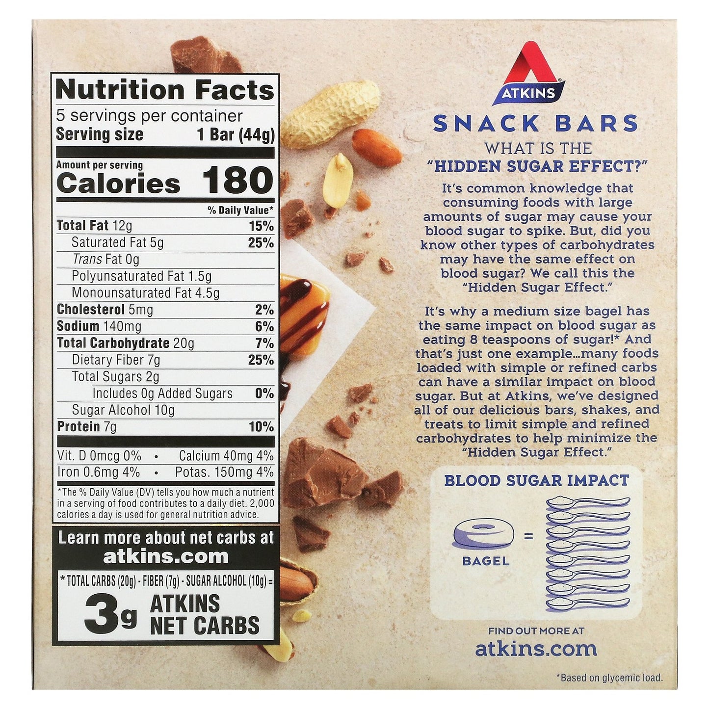 Atkins, Snack, Caramel Chocolate Nut Roll Bar, 5 Bars, 1.55 oz (44 g) Each