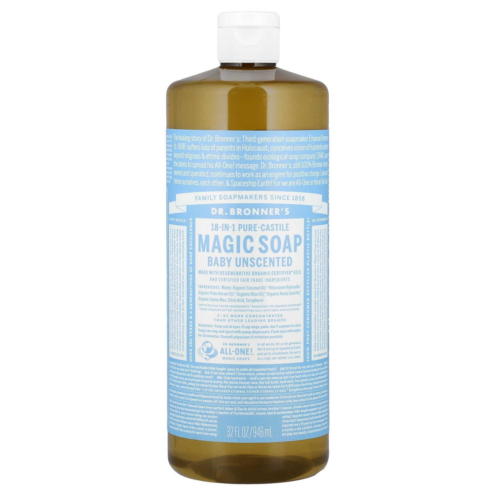 Dr. Bronner's, 18-in-1 Pure-Castile Magic Soap, Baby, Unscented, 32 fl oz (946 ml)