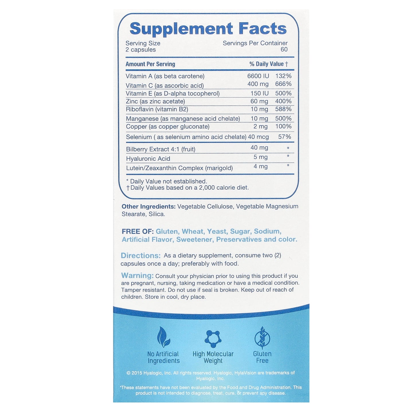 Hyalogic, Hylavision, Hyaluronic Acid + Lutein + Zeaxathin + Vitamins, 120 Capsules