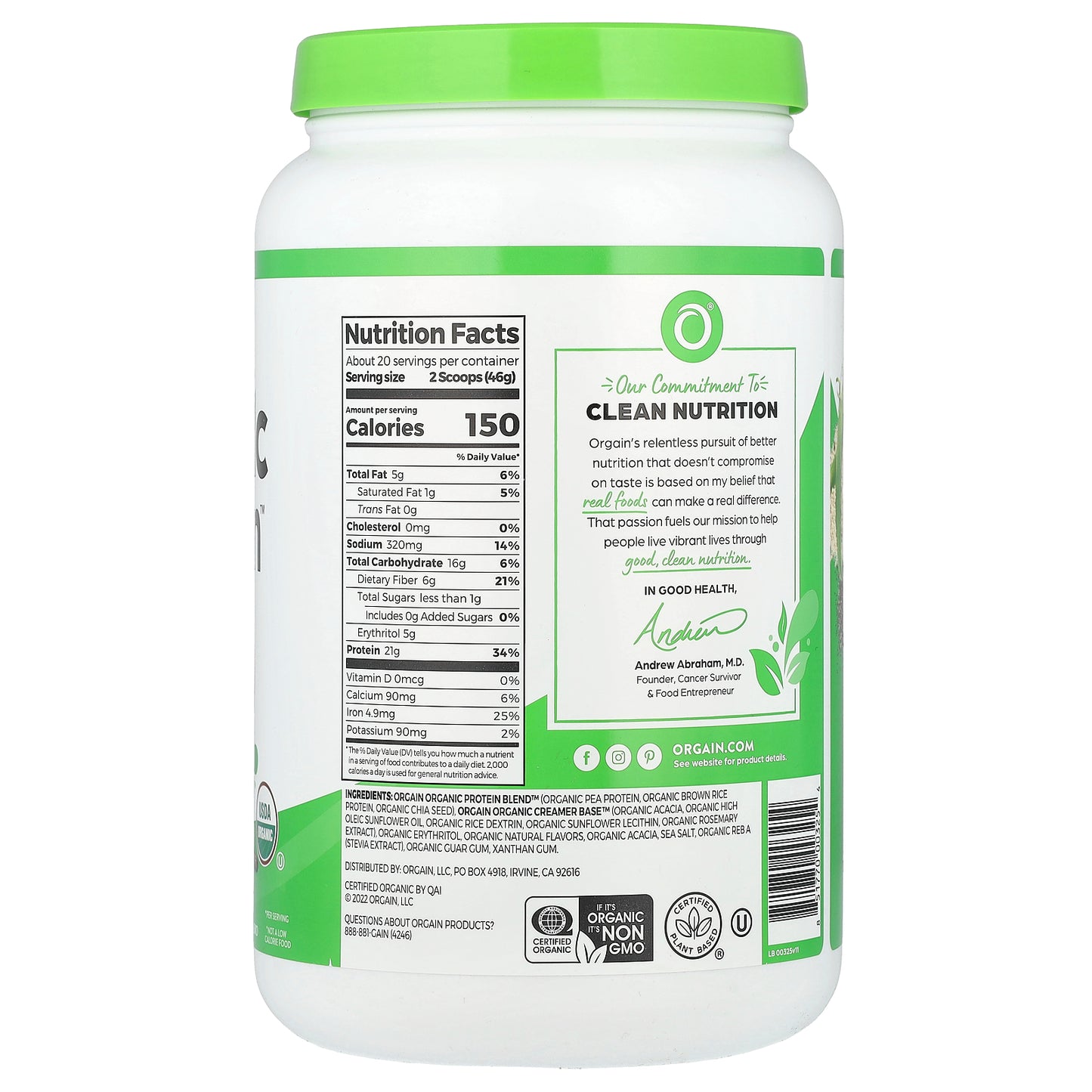 Orgain, Organic Protein™ Powder, Plant-Based, Vanilla Bean, 2.03 lb (920 g)