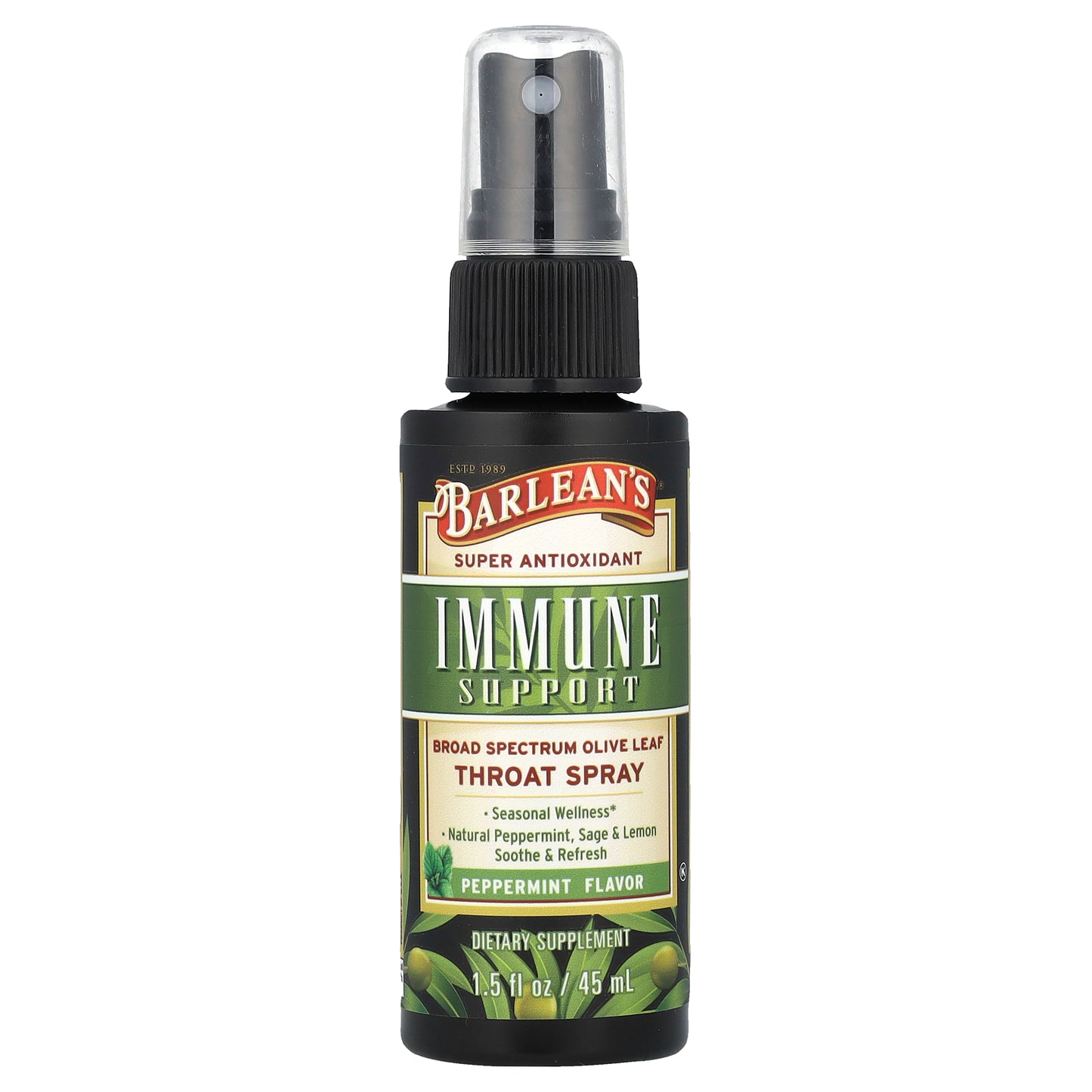 Barlean's, Immune Support, Broad Spectrum Olive Leaf Throat Spray, Peppermint, 1.5 fl oz (45 ml)