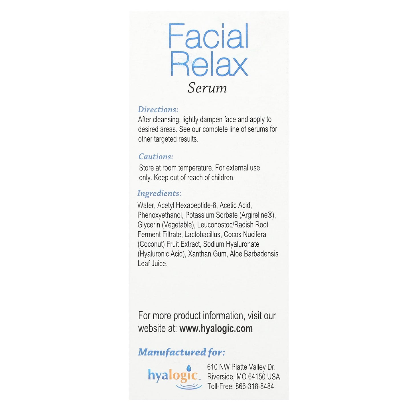 Hyalogic, Facial Relax Serum with Hyaluronic Acid & Argireline, Fragrance Free, 1 fl oz (30 ml)