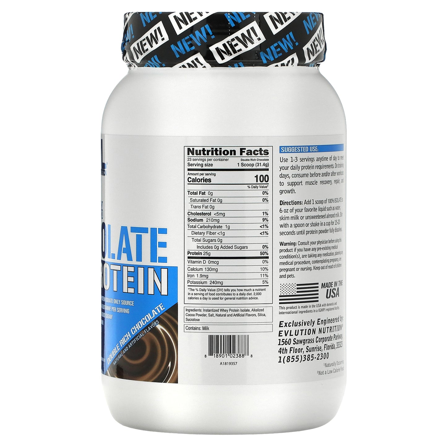 EVLution Nutrition, 100% Isolate Protein, Double Rich Chocolate, 1.6 lb (726 g)