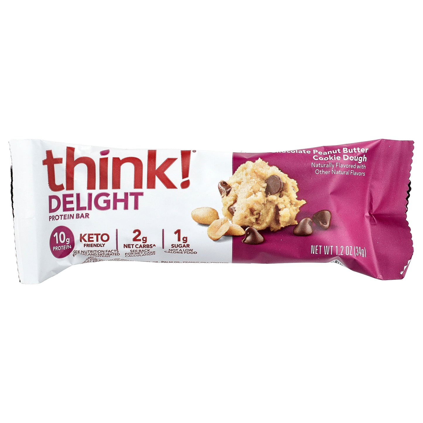 Think !, Delight Protein Bars, Chocolate Peanut Butter Cookie Dough, 10 Bars, 1.2 oz (34 g) Each