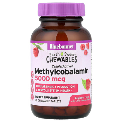 Bluebonnet Nutrition, Earth Sweet® Chewables, CellularActive® Methylcobalamin, Raspberry, 5,000 mcg, 60 Chewable Tablets