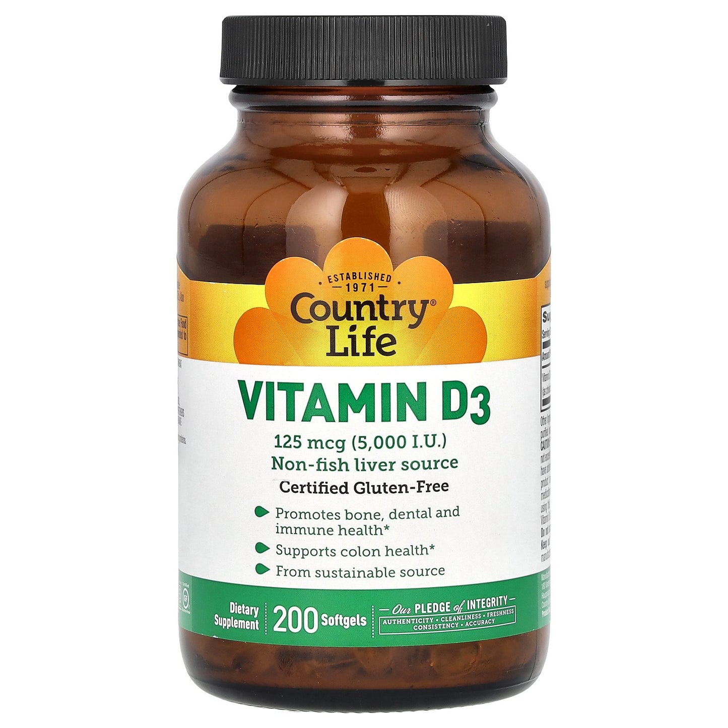 Country Life, Vitamin D3, 125 mcg (5,000 IU), 200 Softgels