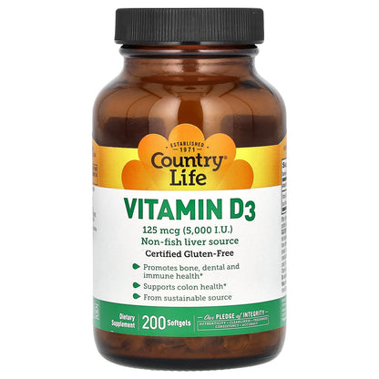 Country Life, Vitamin D3, 125 mcg (5,000 IU), 200 Softgels