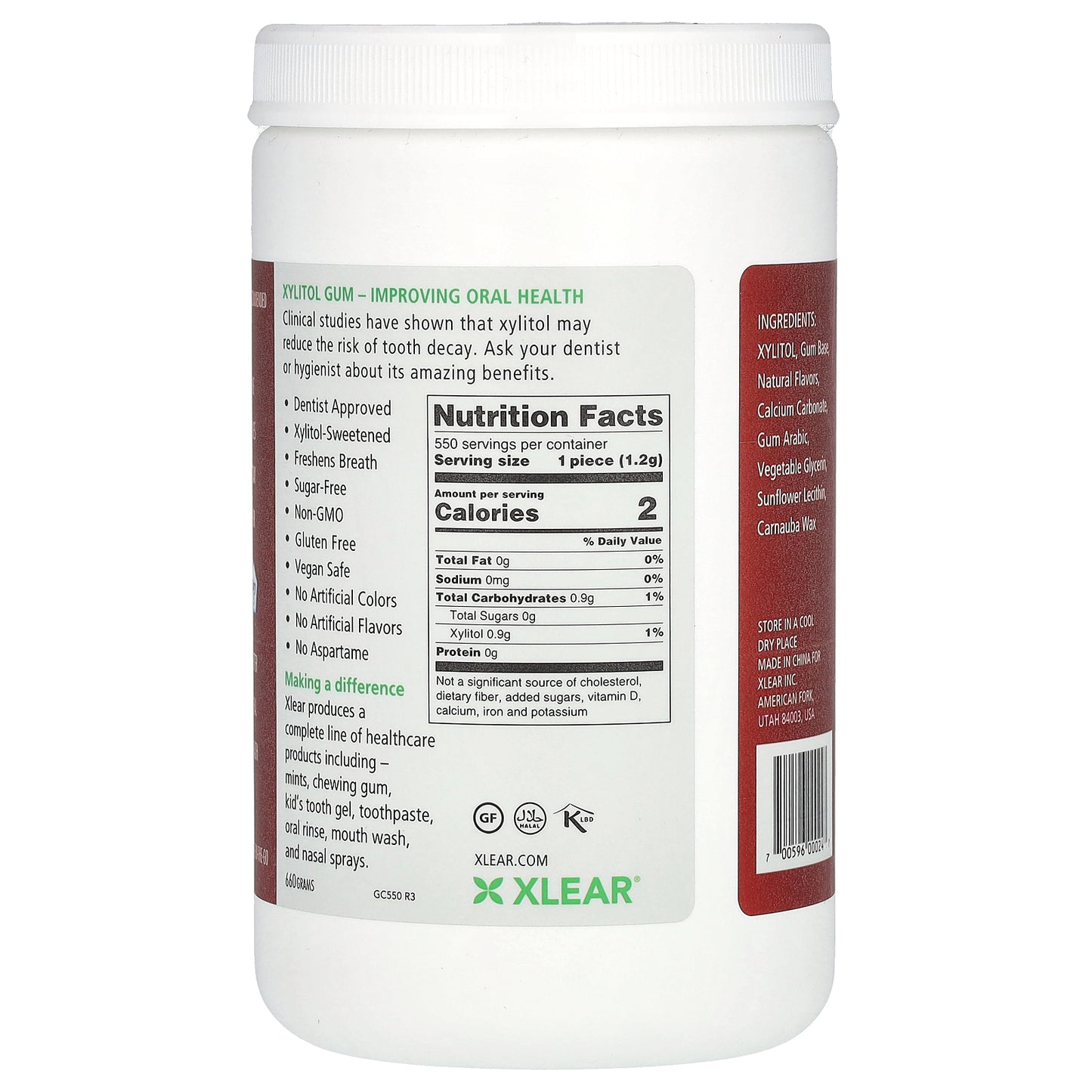 Xlear, Spry, Chewing Gum, Natural Cinnamon, Sugar Free, 550 Pieces