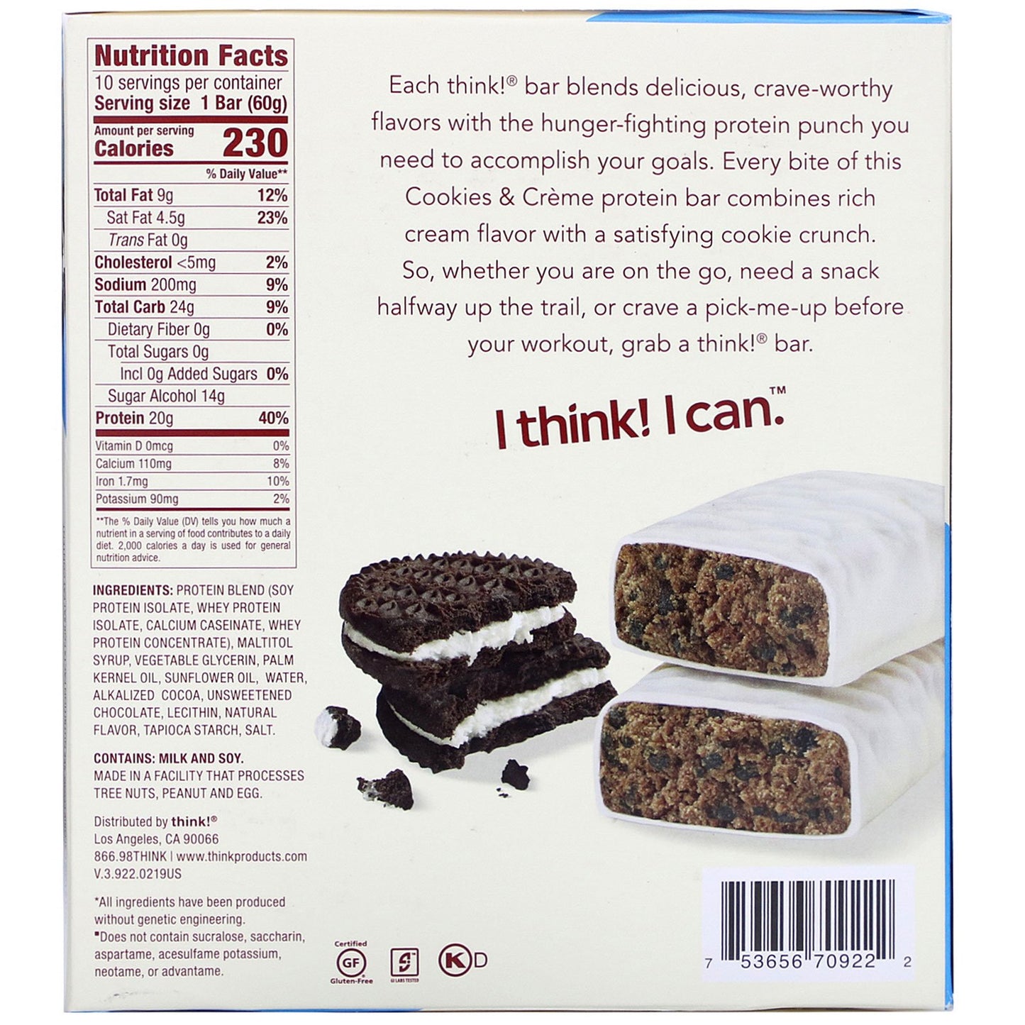 Think !, High Protein Bars, Cookies and Cream, 10 Bars, 2.1 oz (60 g) Each