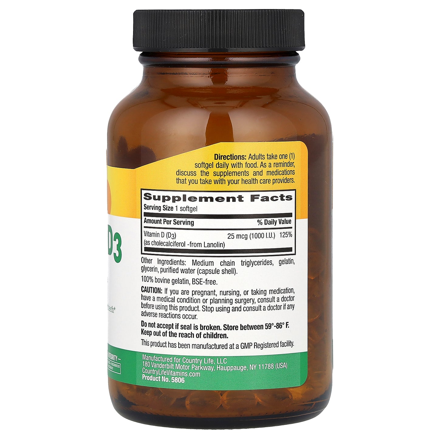 Country Life, Vitamin D3, 25 mcg (1,000 I.U.), 200 Softgels