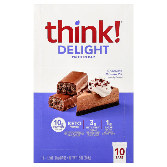 Think !, Delight Protein Bars, Chocolate Mousse Pie, 10 Bars, 1.2 oz (34 g) Each