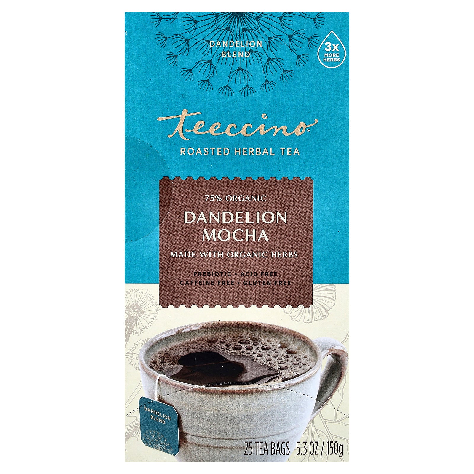 Teeccino, Roasted Herbal Tea, Dandelion Mocha, Caffeine Free, 25 Tea Bags, 5.3 oz (150 g)