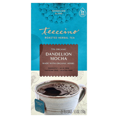 Teeccino, Roasted Herbal Tea, Dandelion Mocha, Caffeine Free, 25 Tea Bags, 5.3 oz (150 g)