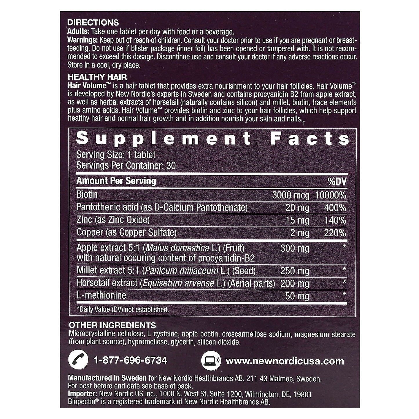 New Nordic, Hair Volume with Botanicals, 30 Tablets