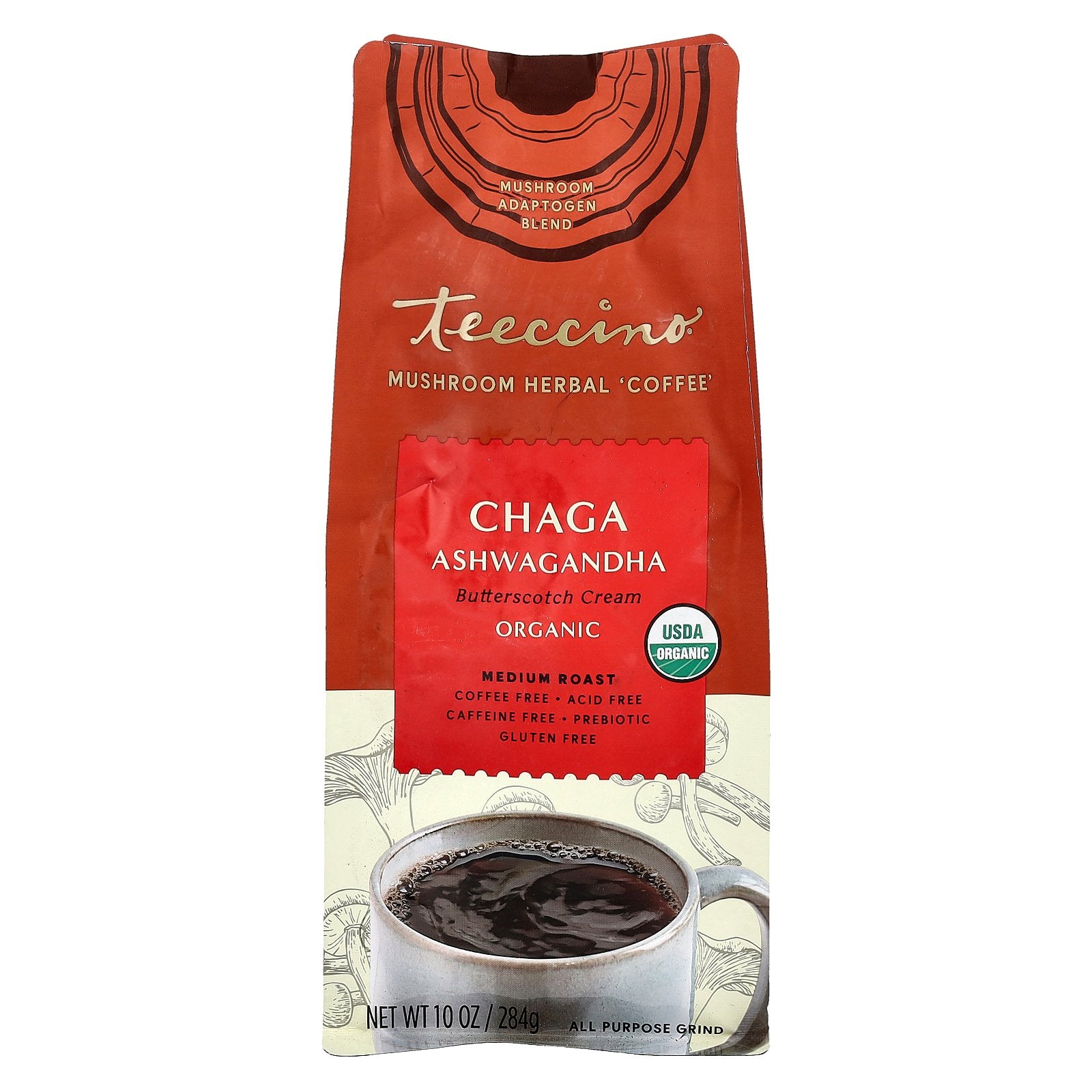 Teeccino, Mushroom Herbal Coffee, Chaga Ashwagandha, Medium Roast, Caffeine Free, 10 oz (284 g)