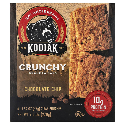 Kodiak Cakes, Crunchy Granola Bars, Chocolate Chip, 6 2-Bar Pouches, 1.59 oz (45 g) Each