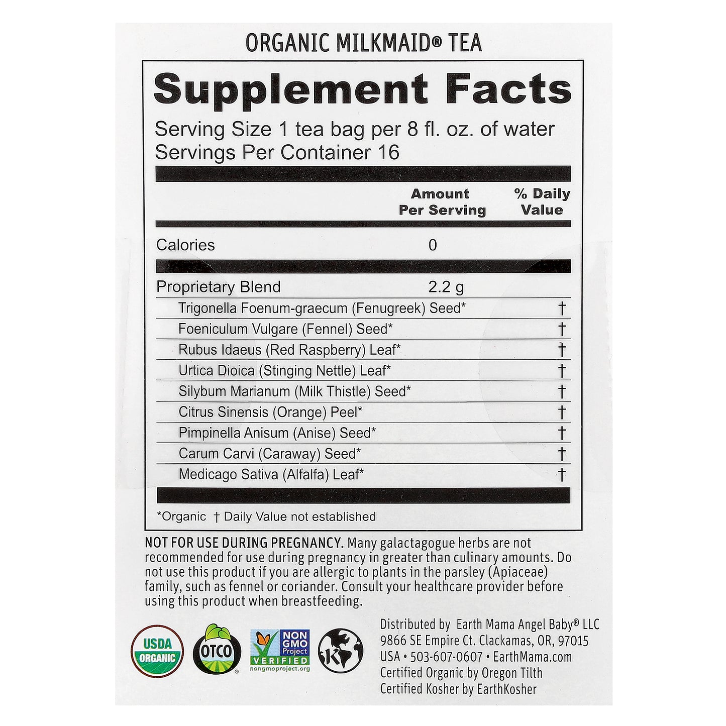 Earth Mama, Organics, Organic Milkmaid® Tea, Fragrant Fennel Herb, Caffeine Free, 16 Tea Bags, 1.23 oz (35 g)