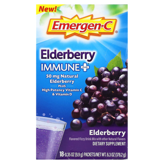 Emergen-C, Elderberry Immune Plus, Elderberry, 18 Packets, 0.35 oz (9.9 g) Each