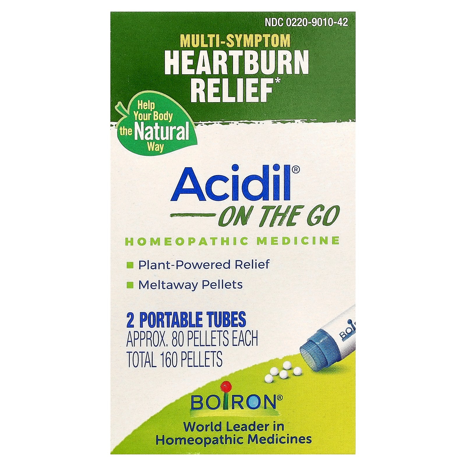 Boiron, Acidil On The Go, Multi-Symptom Heartburn Relief, 2 Portable Tubes, 80 Pellets Each