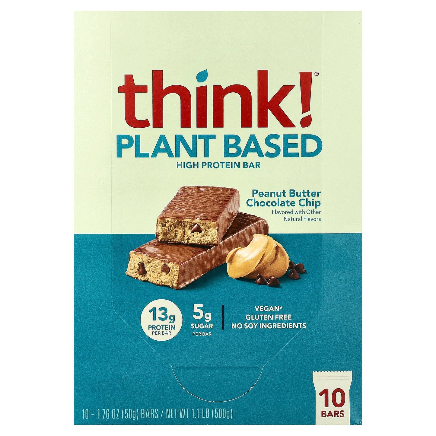 Think !, Plant Based High Protein Bars, Peanut Butter Chocolate Chip, 10 Bars, 1.76 oz (50 g) Each