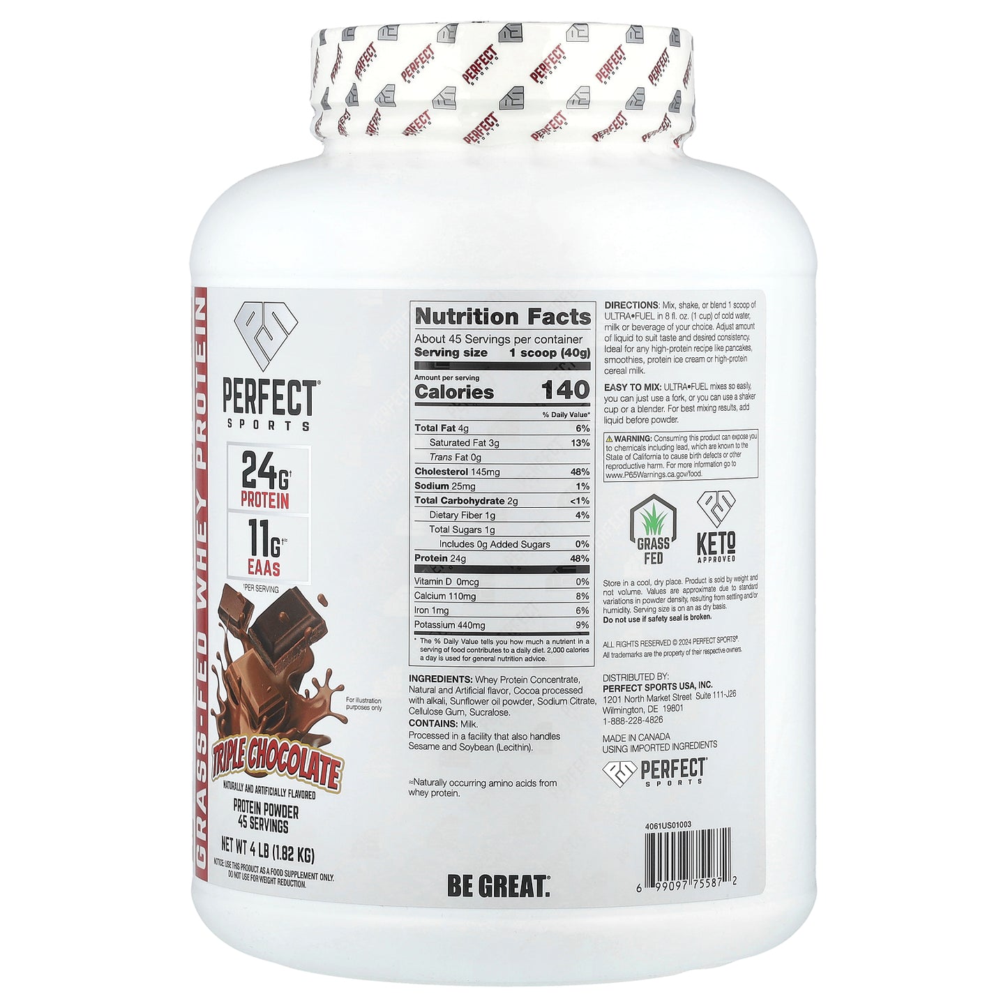 PERFECT Sports, Ultra Fuel, Grass-Fed Whey Protein, Triple Chocolate, 4 lb (1.82 kg)