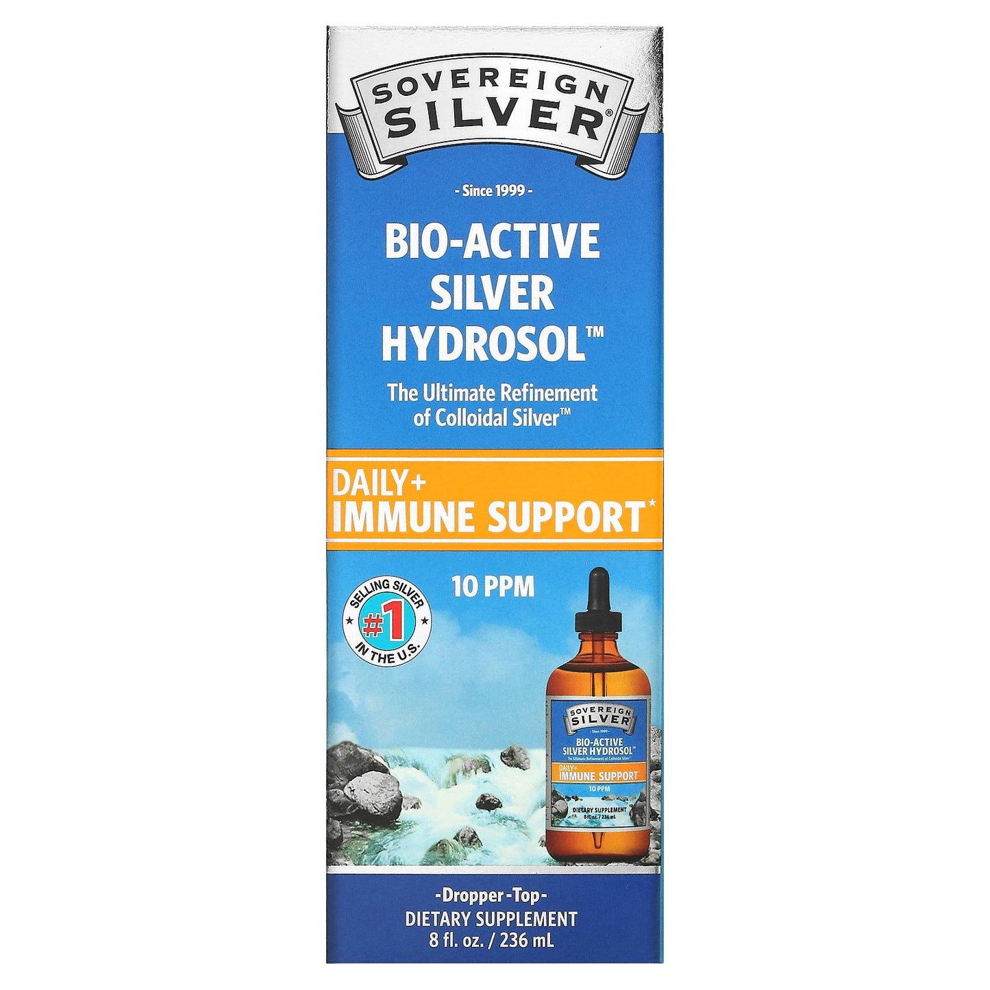 Sovereign Silver, Bio-Active Silver Hydrosol Dropper-Top, Daily + Immune Support, 10 PPM, 8 fl oz (236 ml)