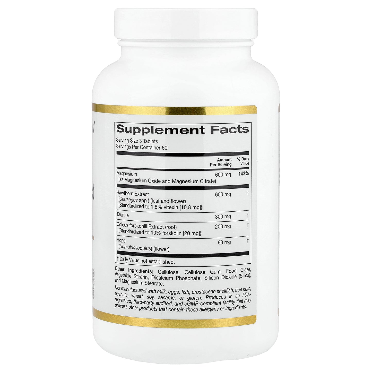 California Gold Nutrition, Magnesium & Hawthorn Extract Complex with Taurine, Coleus forskohlii Extract, and Hops, 180 Tablets