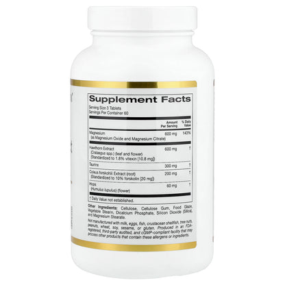 California Gold Nutrition, Magnesium & Hawthorn Extract Complex with Taurine, Coleus forskohlii Extract, and Hops, 180 Tablets