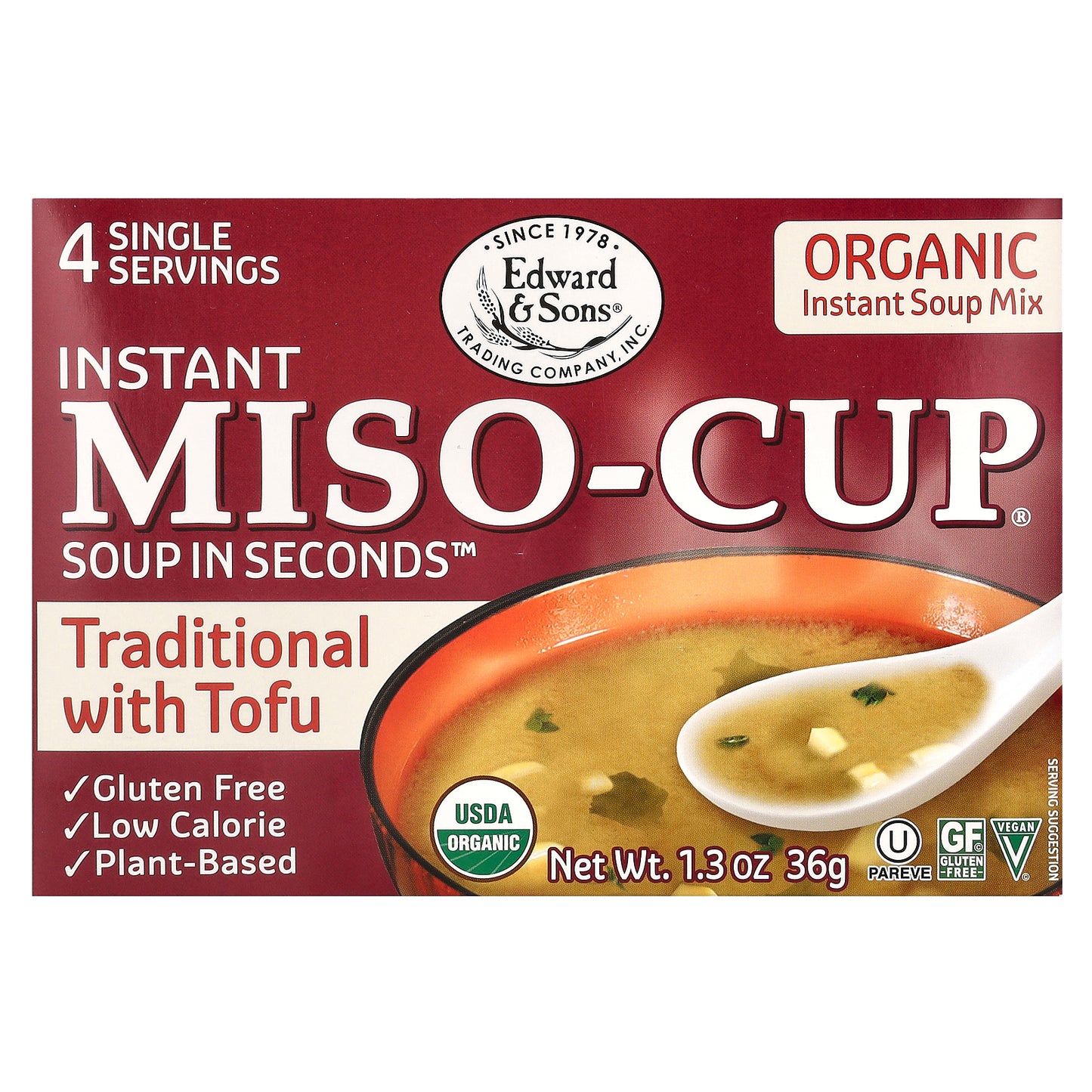 Edward & Sons, Instant Miso-Cup, Traditional with Tofu, 4 Single Servings, 1.3 oz (36 g)