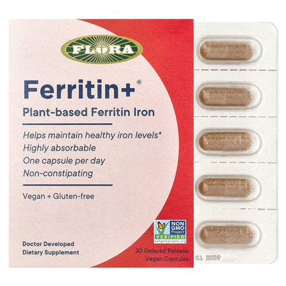 Flora, Ferritin+®, Plant-Based Ferritin Iron, 30 Delayed Release Vegan Capsules (20 mg per Capsule)