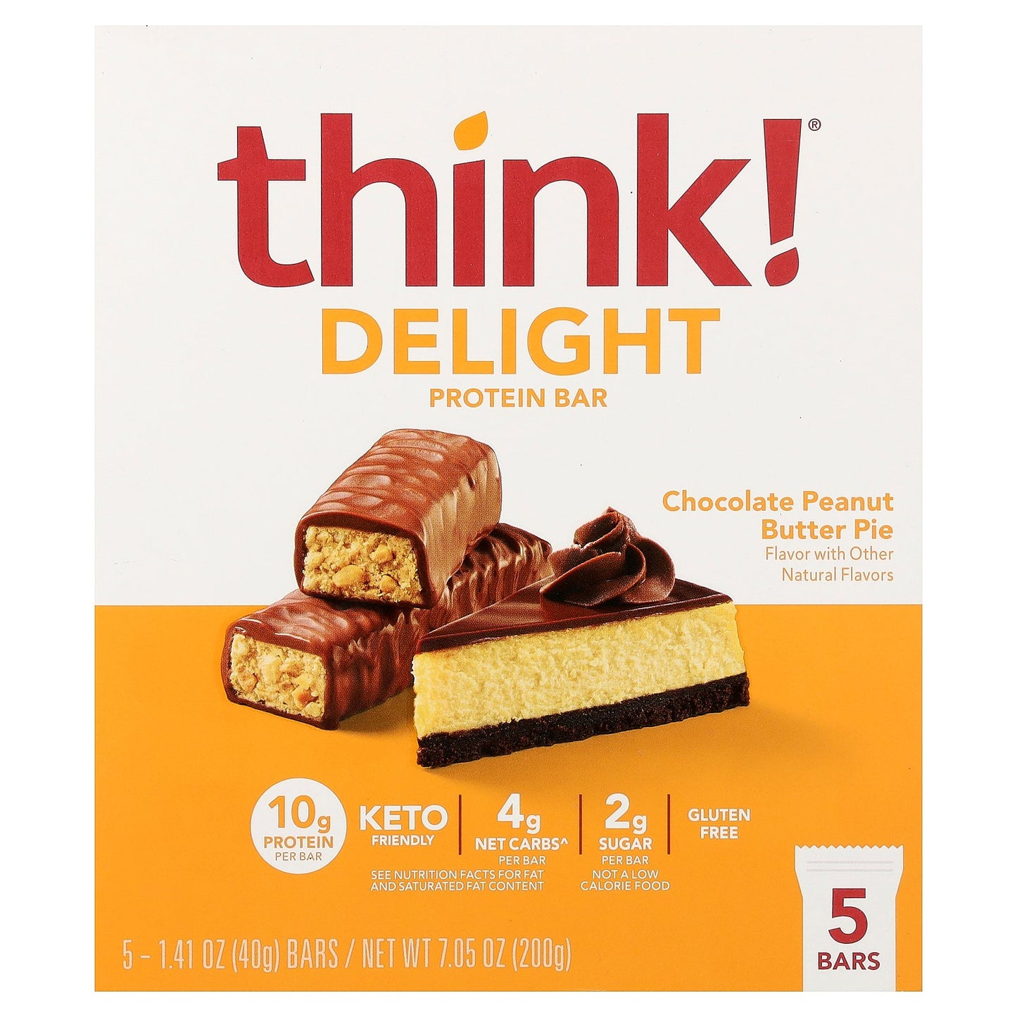Think !, Delight Protein Bar, Chocolate Peanut Butter Pie, 5 Bars, 1.41 oz (40 g) Each