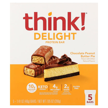 Think !, Delight Protein Bar, Chocolate Peanut Butter Pie, 5 Bars, 1.41 oz (40 g) Each