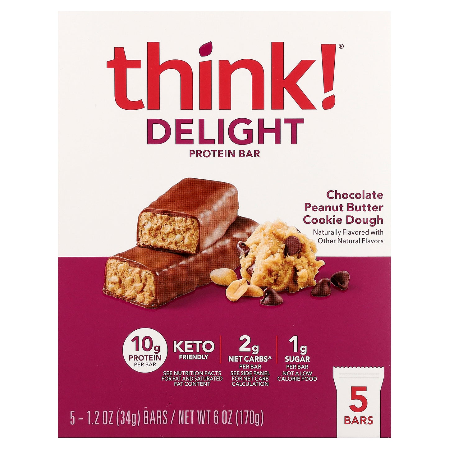 Think !, Delight Protein Bar, Chocolate Peanut Butter Cookie Dough, 5 Bars, 1.2 oz (34 g) Each