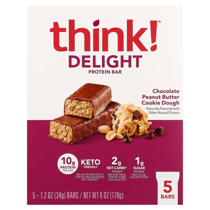Think !, Delight Protein Bar, Chocolate Peanut Butter Cookie Dough, 5 Bars, 1.2 oz (34 g) Each